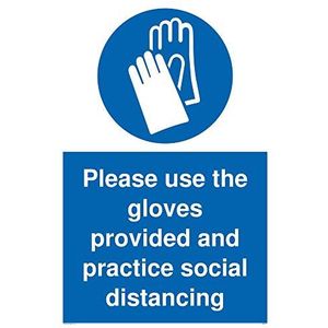 Plaat met opschrift ""Please use the gloves provided and practice social distancancing"", aluminium composiet, 3 mm