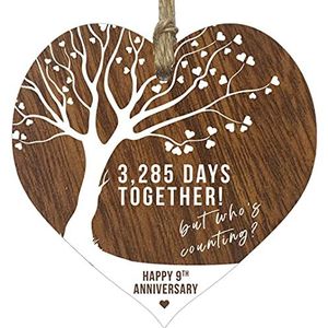 Stuff4 Houten bord hartvorm 9e trouwdag souvenir donker hout viering trouwdag vrouwen man vriend vriendin mama papa