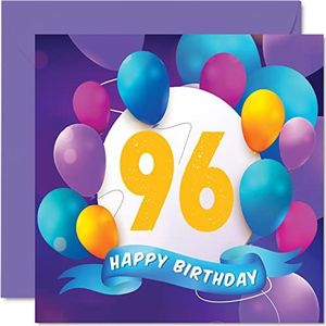 96e verjaardagskaart voor mannen en vrouwen - ballonfeest - gelukkige verjaardagskaarten voor 96-jarige man vrouw overgrootvader opa oma nanny mama papa, 145 mm x 145 mm verjaardagskaarten cadeau