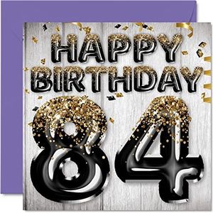 Stuff4 Verjaardagskaart voor mannen 84 jaar - Zwarte en gouden ballonnen - Verjaardagskaarten voor mannen van 84 jaar, papa, opa, opa, opa, oma, 145 mm x 145 mm