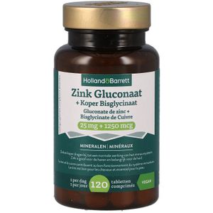 Holland & Barrett Zink Gluconaat 25mg + Koper Bisglycinaat 1250mcg  - 120 tabletten