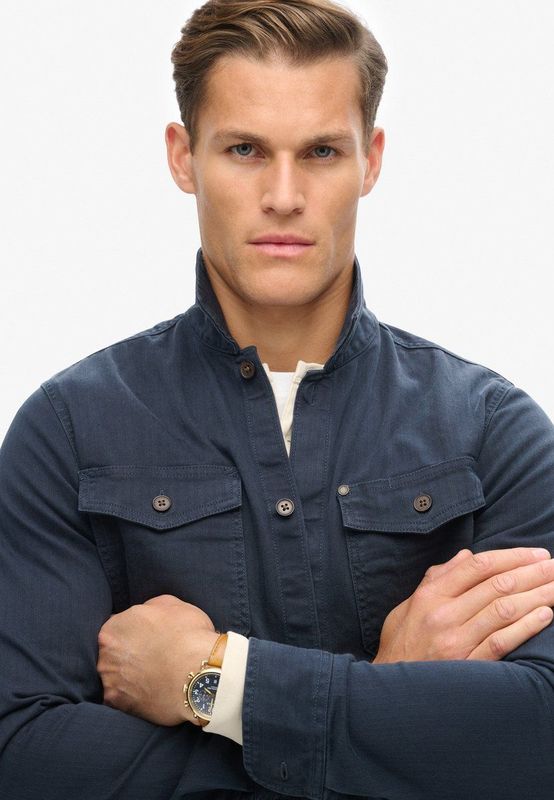 Superdry - Merchant Herringbone - Overhemd - Blauw - Lange Mouwen