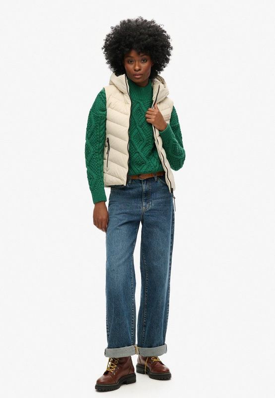 Superdry - W5011560A - Gewatteerd Vest - Beige - Microvezel - Met Capuchon