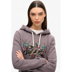 Superdryvoor vrouwen. W2011958A Tattoo Script grafisch sweatshirt met capuchon grijs (L), Casual, Sportief, Katoen