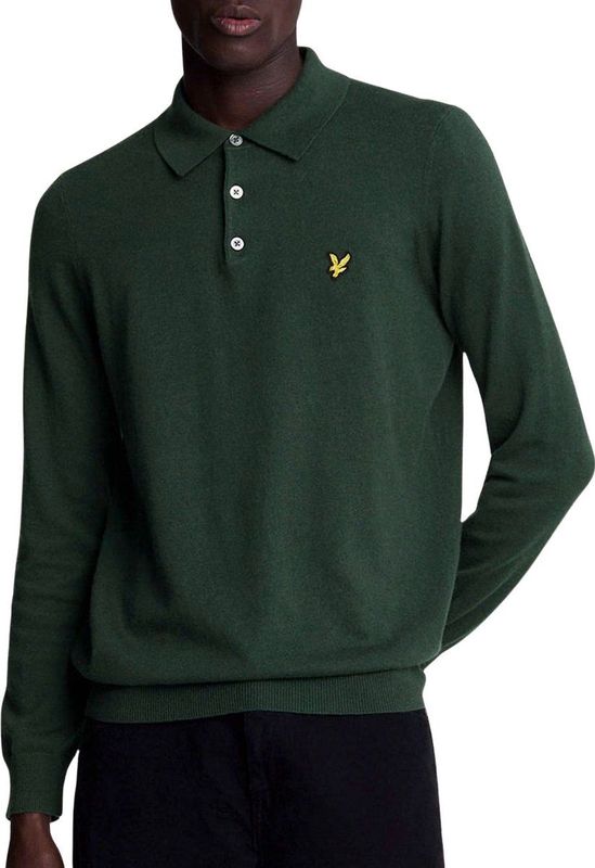 LYLE & SCOTT - COTTON MERINO LONG SLEEVE KNITTED POLO - Donkergroen - Katoen en Merinowol