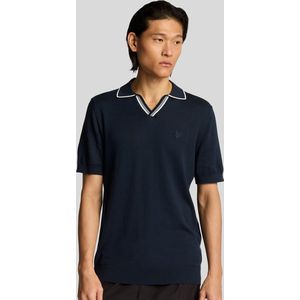 Lyle & Scott gebreide polo met open kraag en punt - donkerblauw