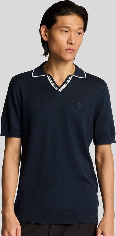 Lyle & Scott gebreide polo met open kraag en punt - donkerblauw