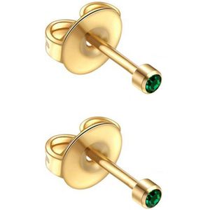 Caflon 2mm 24K gold plated oorknopjes voor oorschieter hypoallergeen steriel verpakt goudkleurig met smaragdgroen steentje geboortesteen mei