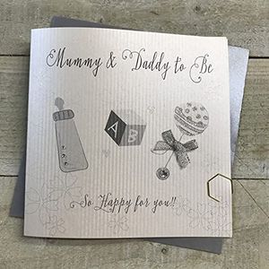 Witte katoenen kaart Mummy and Daddy to Be rammelaar (zilver)