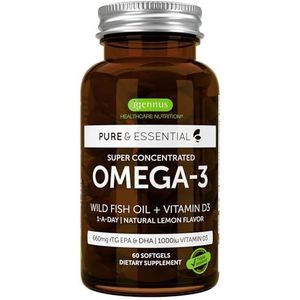 Igennus Omega 3 met vitamine D3, 80% sterk geconcentreerde DHA+EPA Omega 3 capsules, pure visolie uit wilde vangst, zonder vissmaak, 60 softgelcapsules, 1 per dag
