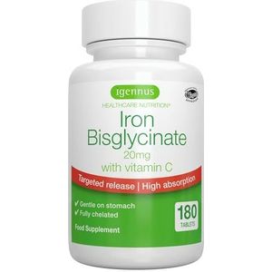 Hoge Absorptie Chelaatvormig IJzerbisglycinaat 20 mg met Vitamine C, Zachte Formule, Schone Lijn en Gerichte Afgifte, Één per dag, Veganistisch, 180 tabletten, door Igennus
