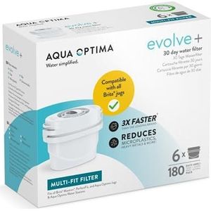 Aqua Optima Waterfilterpatroon, 6 stuks (6 maanden levering), Evolve+ compatibel met Brita Maxtra, Maxtra+ en PerfectFit, 5-traps filtersysteem vermindert chloor, kalkaanslag en andere onzuiverheden,