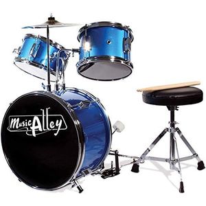 Music Alley Junior drumset met kickstool drumpedaal en drumsticks (blauw)