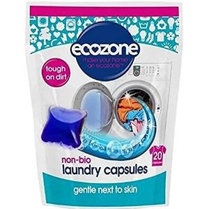 Ecozone Niet-bio-wascapsules, sterk geconcentreerde wasmiddelpods, effectieve reiniging voor kleding en stoffen, zachte natuurlijke milieuvriendelijke veganistische formule (20 tabbladen)