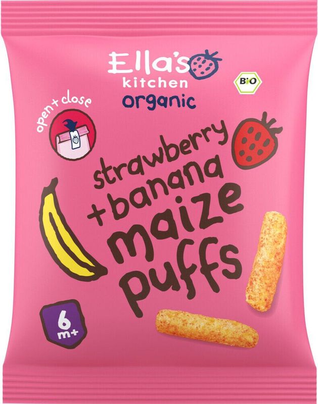 4x Ella's Kitchen Gepoft Smikkelstengels 6+ m Aardbei Banaan 20 gr