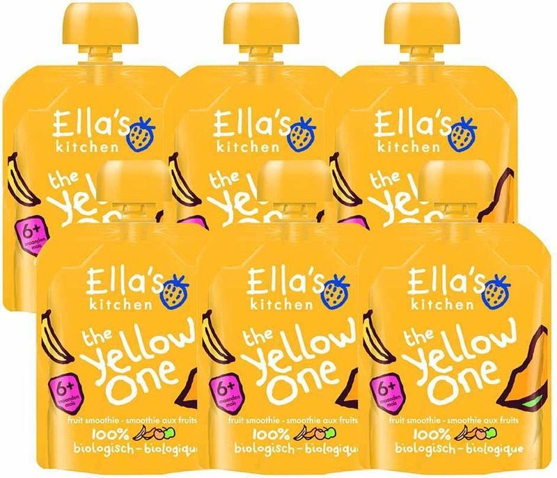 6x Ella's kitchen Knijpzakje Fruit Smoothie 6+ m Banaan Appel Passievrucht Abrikozen 90 gr