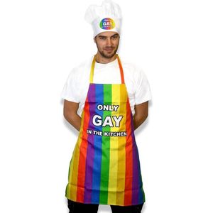 CKB ltd - Only Gay In The Kitchen - Keukenschort - Heren en Dames - Grappige Keukenschorten - Inclusief Koksmuts - Multi kleur Gestreept - Regenboog