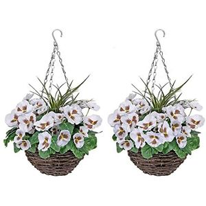 2 x Kunstmatige ophangmanden met witte bloemen en decoratief gras (set van 2)