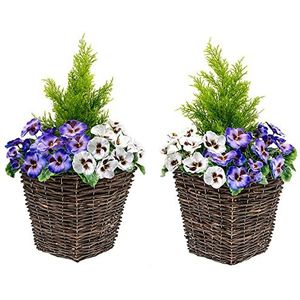 Kunstmatige plantenpot voor het terras, met witte en paarse bloemen, set van 2 stuks