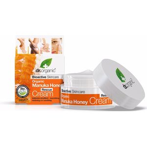 Dr. Organic Manuka Honey Rescue Cream, droge huid, heren, dames, natuurlijk, vegetarisch, dierproefvrij, parabenen- en SLS-vrij, gecertificeerd biologisch, 50 ml, verpakking kan variëren