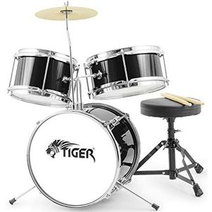 Tiger 3-delige junior drumset voor beginnende kinderen met lichte krat, Tom, grote kist, grote kistpedaal, bekken en eetstokjes - zwart
