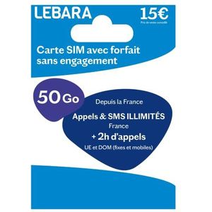 Lebara SIM, onbeperkt bellen en sms'en Frankrijk + 50 GB in 5G + 2 uur naar 43 landen, klaar voor gebruik