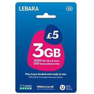 Lebara UK Pay As You Go-simkaart - 5 GB gegevens, 1000 Britse minuten en teksten, 100 internationale minuten voor £5