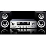 GPO PR200 Premium Series versterker en luidsprekersysteem, Bluetooth-radio met DAB+/FM, vinylopname, AUX, MP3, CD, USB-codering, afstandsbediening, zilver
