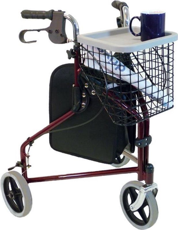 Driewiel binnen rollator Tri-Walker - Inclusief dienblad, mandje en tas - Opvouwbaar - Drie wiel indoor