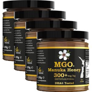 Bee Natural MGO 300+ Manuka Honing in een milieuvriendelijke echt glazen pot van ongekleurd glas * 4x 250G Premium Monoflorale ManukaHoning uit Nieuw-Zeeland # T.h.t. 01-03-2027 # MGO 182 = UMF 8, 250 = UMF 9, 300 = UMF 10, 310 = UMF 11, 400 = UMF 12