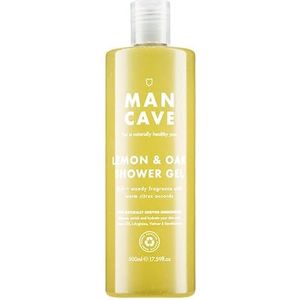 ManCave Douchegel citroen en eiken, 500 ml, rijk en verfrissend aroma, natuurlijke douchegel voor heren, citroenolie, L-arginine, aloë vera, langdurig, sulfaatvrij, veganistisch, gemaakt in Engeland