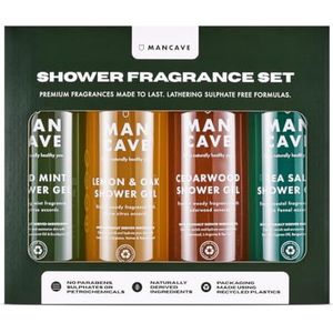 Mancave Ultra-premium douchegel voor heren, cadeauset, 4 x 500 ml natuurlijke sulfaatvrije douchegels: wilde munt, citroen en eiken, cederhout en zeezout geuren, veganistisch, verpakking kan variëren