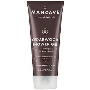 ManCave Douchegel voor mannen, cederhout, 200 ml, fris, houtachtig aroma, natuurlijke douchegel voor heren, zonder sulfaten en parabenen, veganistisch, gerecyclede kunststof tube