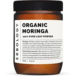 Erbology Biologisch Moringa Leaf Poeder 90 g - 45 porties - Immuniteitsondersteuning - Rijk aan calcium en ijzer - duurzaam afkomstig rechtstreeks van boerderij in India - Kleine partij - Veganistisch