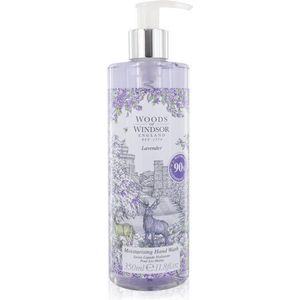 Woods of Windsor Lavender Hand Wash, hydraterende zeep met tonen van patchouli en muskus, vloeibare handzeep met pomp om de huid te verzachten en te hydrateren, lavendelgeur 350 ml