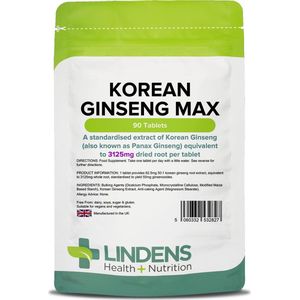 Lindens Koreaanse Ginseng Max 3125mg 90 Tabletten 50mg Ginsenosides Kwaliteit Natuurlijk