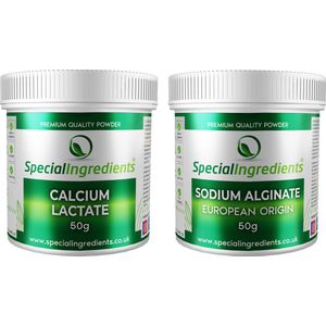 Calcium Lactaat (Lactate) & Sodium Alginaat (Natrium alginate) - 2 x 50 gram - Sferificatie - Reverse Spherification - Moleculair Koken - Moderne Gastronomie - Kaviaar parels - Hersluitbare Potten - Recycled Plastic