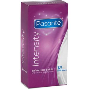 Pasante Intensity (Ribs&Dots), spannende condooms - anatomische condooms met ruimere top, ribbels en noppen voor meer stimulatie, vergroot het ervaringsgevoel voor beide partners, 1 x 12 stuks (verpakking van 12 stuks)