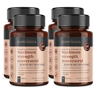 1000mg Resveratrol x 360 Tabletten (4 flesjes van 90 tabletten - 12 Maanden Voorraad). 10 x Sterkte en met Zwarte Peper Extract voor Snellere Opname