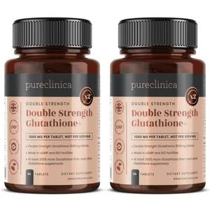 Dubbel Sterke Glutathion 1000 mg x 120 Tabletten (60 tabletten per fles, 2 flessen). Met 500 mg Glutathion, 300 mg ALA en 200 mg Vitamine C per tablet. 200% sterker dan normale glutathion tabletten
