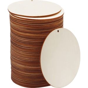Kurtzy Houten Onbewerkt Ronde Cirkels met Gaten (50 Pak) – 10 cm met 2,5 mm Dikte – Blank Natuurlijk Houten Schijven Snedes Uitsnedes voor Hobby, Onderzetters, Huis Decoratie en Ornamenten