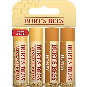 Burt's Bees Burt's Bees 4 x Lippenbalsem, 100% natuurlijk, hydraterend, lippenbalsem, originele bijenwas met vitamine E en pepermuntolie, 4 tubes 17 g