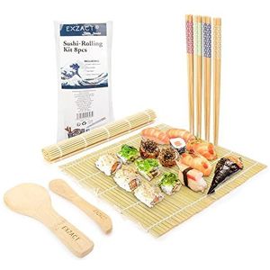 EXZACT Sushi Rolling Kit 8pcs Sushi Maker - 2 x Sushi Rolling Mats, 1 x Rijstpeddel, 1 x Rijstspreader, 4 x paar Eetstokjes - All Natural