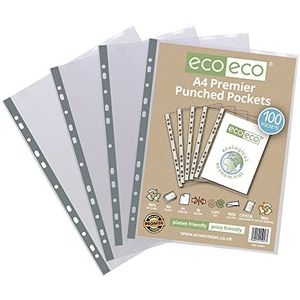 eco-eco A4 100% Gerecycleerde Premier Multi Geperforeerde Zakken Glas Duidelijk, Transparant Poly Wallet Sheet Protector, 90 Microns (Pack van 100)
