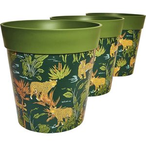 Flowerpots, 22 cm, set van 3, in verschillende kleuren en patronen, kunststof bloempotten voor binnen en buiten, groene jungle