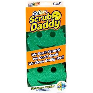 Scrub Daddy Groene kleuren, Smiley-spons, krasbestendig, afwasspons, wasbaar, antibacterieel en herbruikbaar, okselsponzen voor keuken en badkamer, flextexture schuurspons, 2 stuks