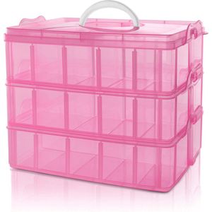 Belle Vous 3 Laags Stapelbare Roze Plastic Opslag Doos - Aanpasbare Compartiment Sleuven - Maximaal 30 Compartimenten - Opslag Container Voor het Opslaan van Speelgoed, Juwelen, Hobby en Kunst