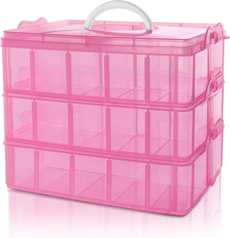 Belle Vous - 3 Laags Stapelbare - Roze Plastic Opslag Doos - Maximaal 30 Compartimenten