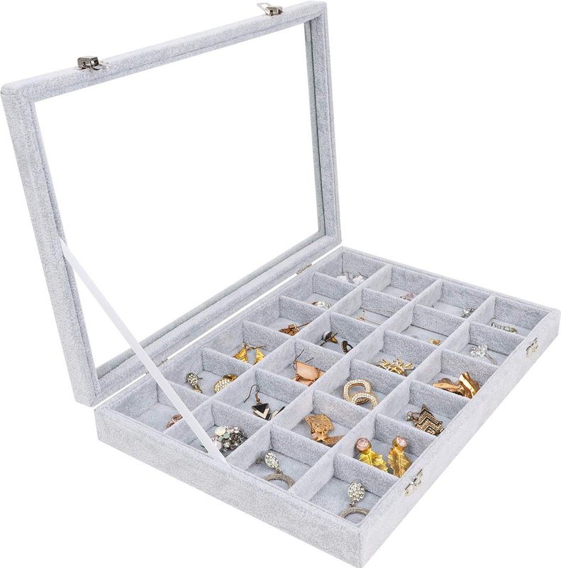 Belle Vous - Sieraden Organizer - Grijs Velours - 24 Compartimenten - Glazen Deksel