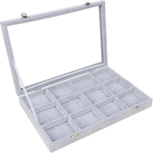 Belle Vous Grijs Velours Sieraden Organizer Display Doos Tray, 12 Secties & Glazen Deksel – Stapelbare Tray Voor Lades – Aanpasbare Opslag Raster voor Ringen, Ketting, Armbanden, Oorbellen en Horloges